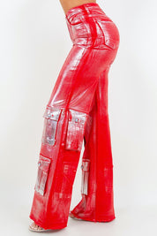 Women's High Rise Cargo Wide Leg Jeans in Foil Red