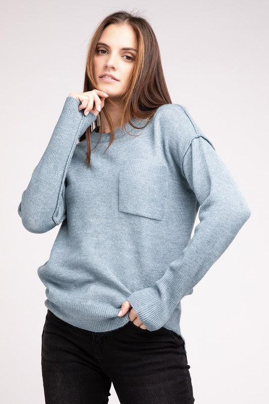 Women's Casual Melange Hi-Low Hem Round Neck Sweater