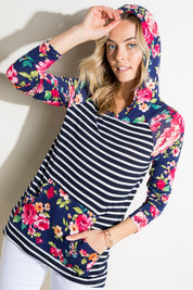 Women's Casual Stripe Floral Mix Hoodie Top