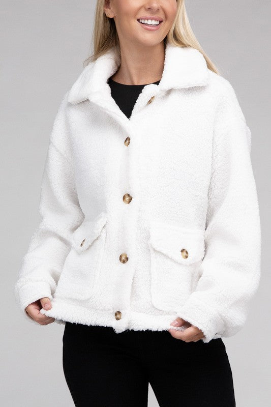 Women's Relaxed Fit Cozy Sherpa Button-Front Jacket