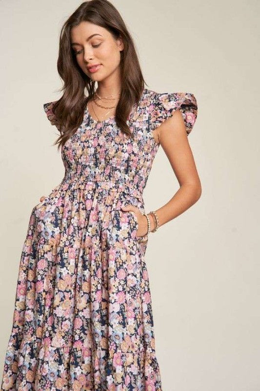 Women's Vintage Floral Flutter Smocking Midi Dress