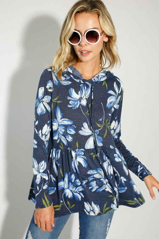 Women's Floral Print Jersey Babydoll Hoodie Casual Top