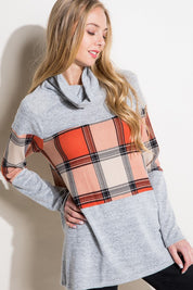 Women's Casual Loose Fit Plaid Mixed Turtle Neck Top