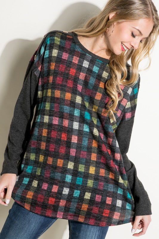 Women's Loose Fit Plaid Mixed Long Sleeve Top