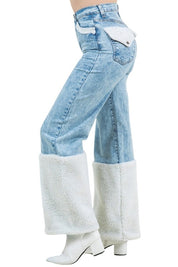 Women's High Rise Wide Leg Jeans with Sherpa Details