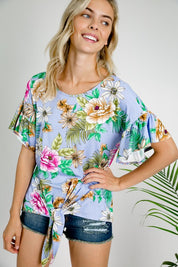 Women's Floral Ruffle Sleeve Tie Bottom Top