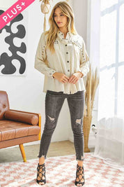 Plus Size Oversized Distressed Hem Button-Down Shirt