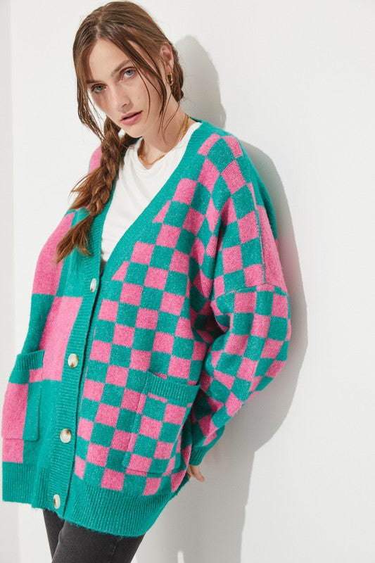 Women's Checkered Oversized Sweater with Button Closure