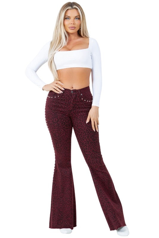 Women's Burgundy Leopard Print Studded Bell Bottom Jeans