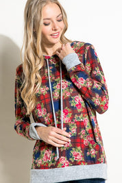 Women's Casual Plaid Floral Mix Hoodie Sweatshirt