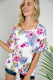 Women's Floral Ruffle Sleeve Tie Bottom Top