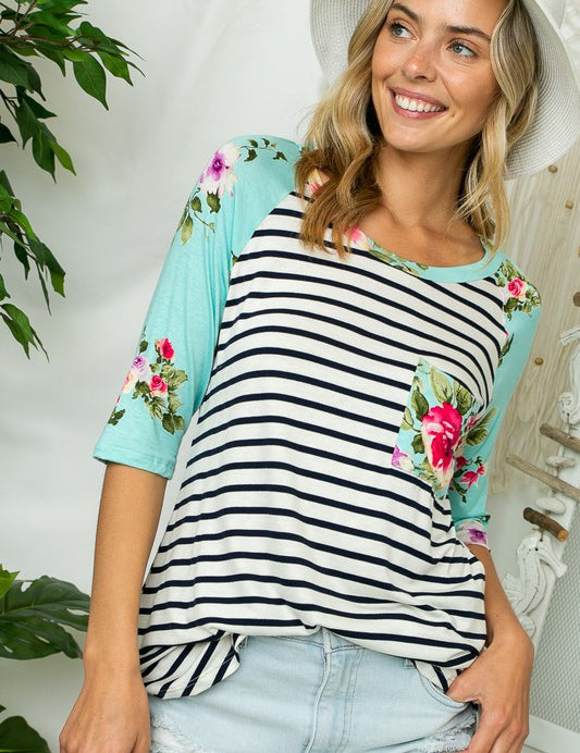 Women's Casual Stripe Floral Print Pocket Top