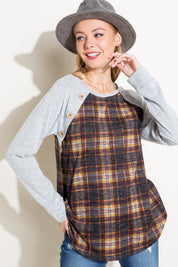 Women's Casual Plaid Mixed Button Detail Long Sleeve Top