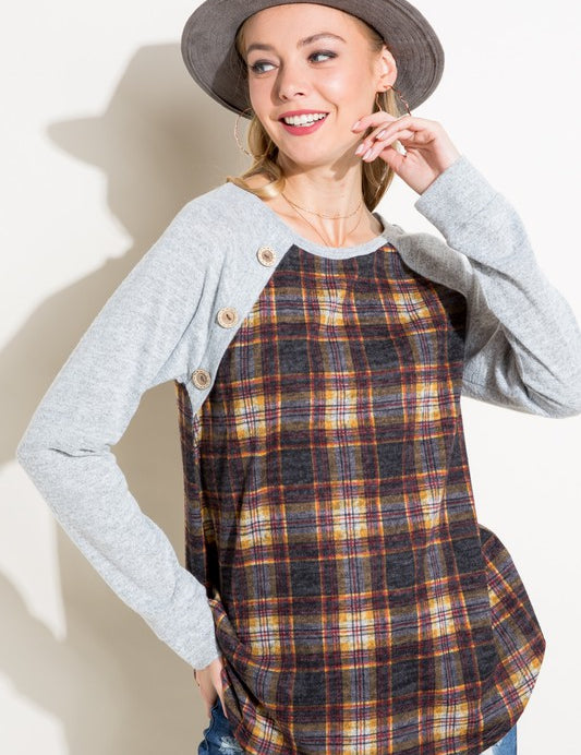 Women's Casual Plaid Mixed Button Detail Long Sleeve Top