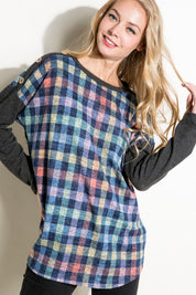 Women's Loose Fit Plaid Mixed Long Sleeve Top