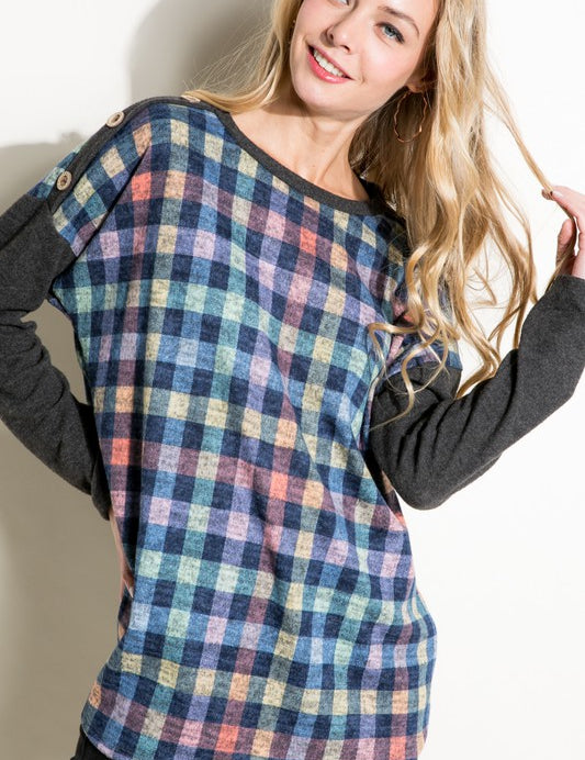 Women's Loose Fit Plaid Mixed Long Sleeve Top