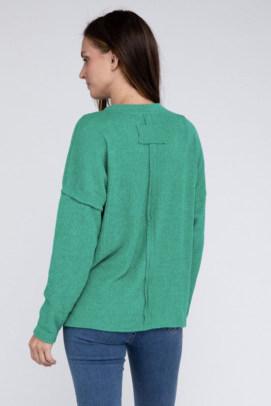 Women's Oversized Ribbed Melange Hacci Sweater with Pocket