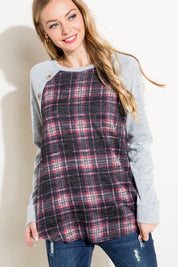 Women's Casual Plaid Mixed Button Detail Long Sleeve Top