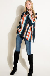 Women's Oversized Multi Stripe Turtle Neck Long Sleeve Top