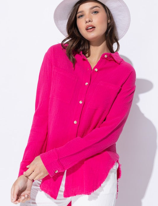 Women's Wrinkled Gauze Button Down Shirt