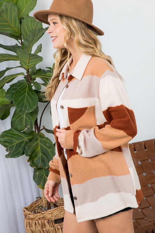 Plus Size Oversized Fuzzy Stripe Button Down Shacket