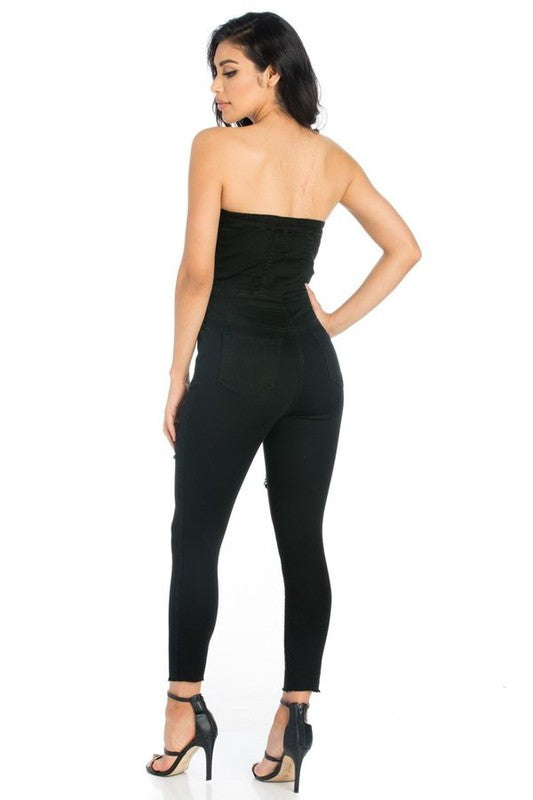 Women's Cropped Black Denim Jumpsuit