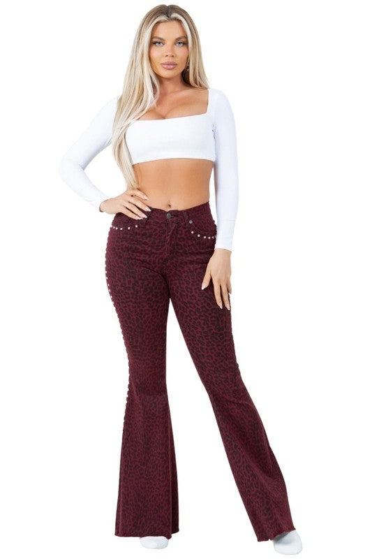 Women's High Rise Leopard Print Bell Bottom Jeans