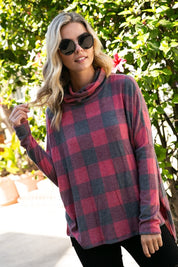 Women's Plus Plaid Turtle Neck Boxy Top