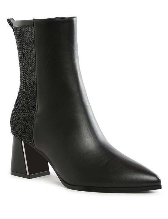 Women's Pointy Toe Faux Leather Ankle Boots with Metallic Detail