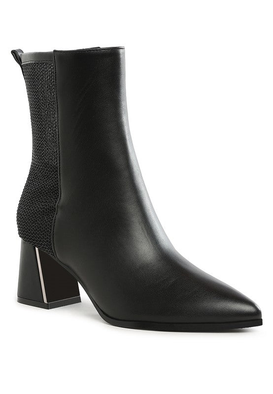 Women's Pointy Toe Faux Leather Ankle Boots with Metallic Detail