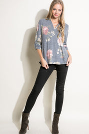 Women's Casual Floral Split Neck Long Sleeve Top