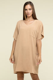 Women's Casual Relaxed V-Neck T-Shirt Dress with Pockets