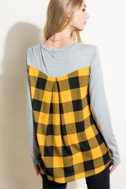 Women's Loose Fit Solid and Plaid Long Sleeve Top