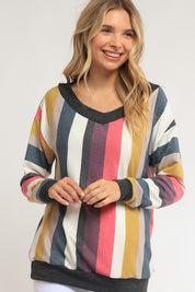 Women's Loose Fit Wide V Neck Stripe Sweatshirt