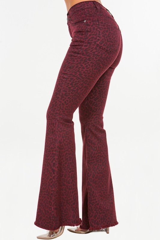 Women's High Rise Leopard Print Bell Bottom Jeans