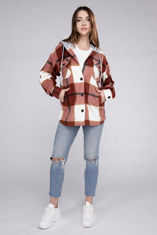 Women's Casual Hooded Plaid Fleece Shacket