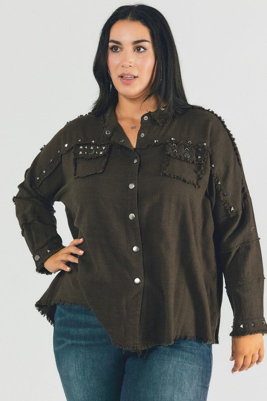 Plus Size Oversized Distressed Hem Button-Down Shirt