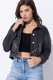 Women's Loose Fit Crop Denim Jacket with Rhinestone Fringe