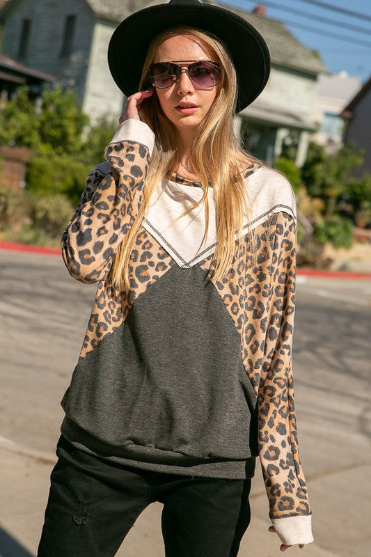 Women's Casual Animal Print Color Blocked Long Sleeve Top