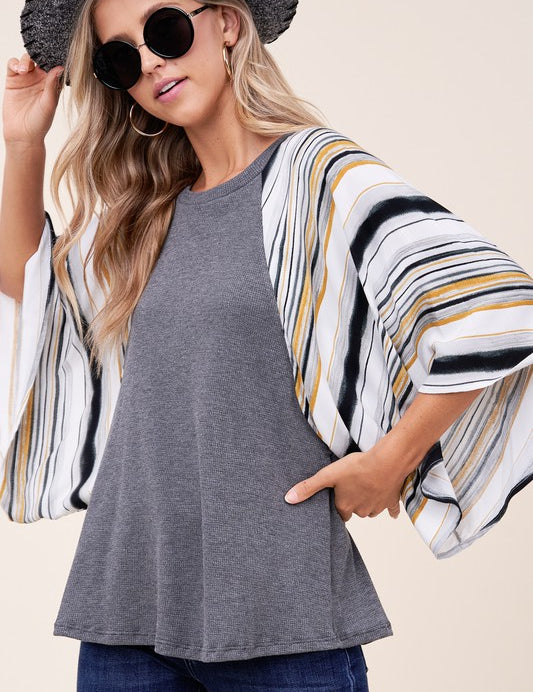 Women's Waffle Stripe Mix Kimono Top