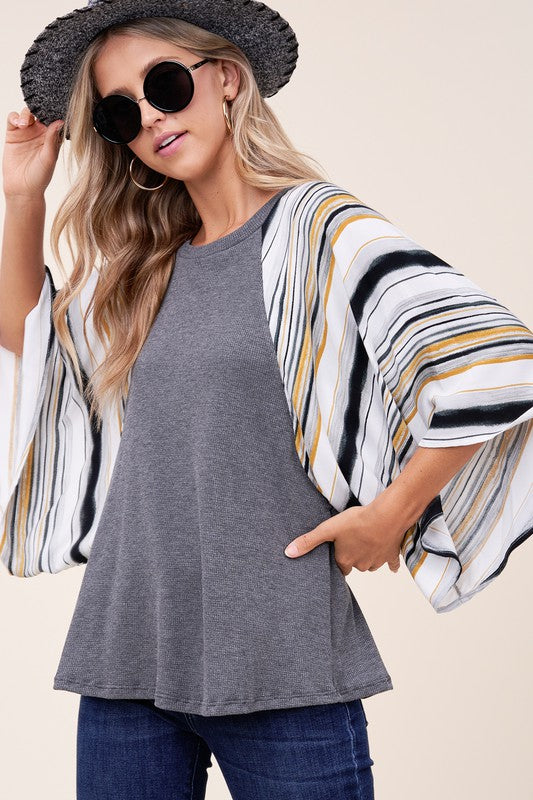 Women's Waffle Stripe Mix Kimono Top