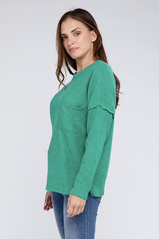 Women's Oversized Ribbed Melange Hacci Sweater with Pocket