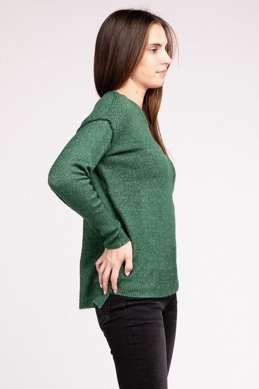 Women's Casual Melange Hi-Low Hem Round Neck Sweater