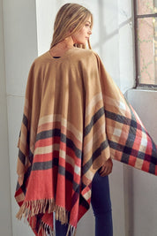 Women's Fringe Trim Plaid Poncho Shawl