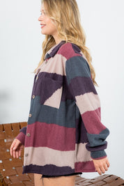 Plus Size Oversized Fuzzy Stripe Button Down Shacket