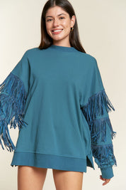 Women's Oversized Silver Studded Fringe Sleeve Top