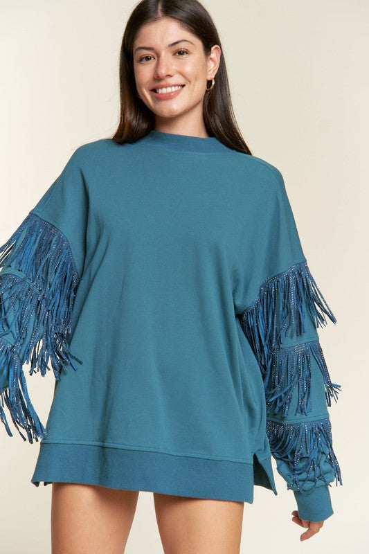 Women's Oversized Silver Studded Fringe Sleeve Top