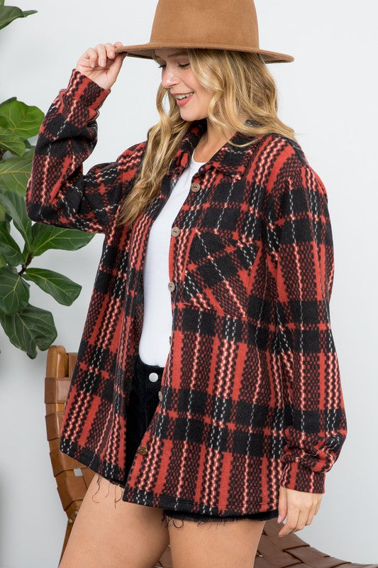 Women's Oversized Fuzzy Plaid Flannel Button Down Shacket