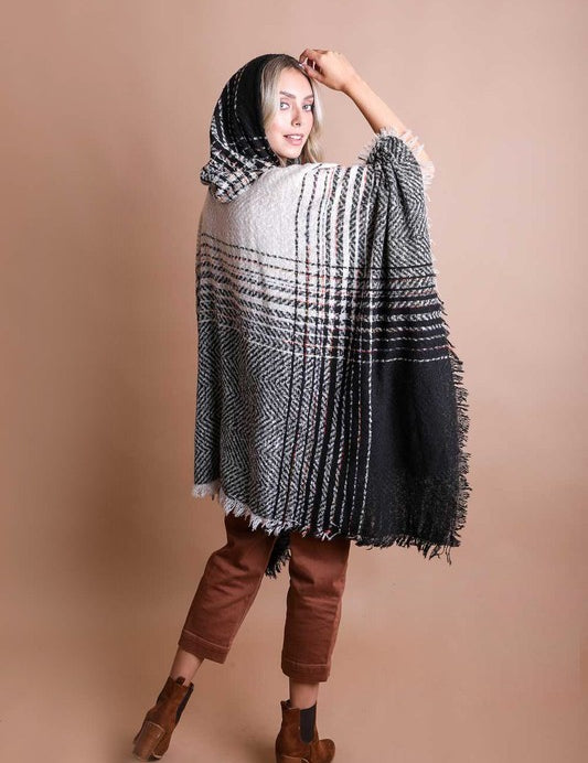 Herringbone Tweed Hooded Frayed Edge Poncho