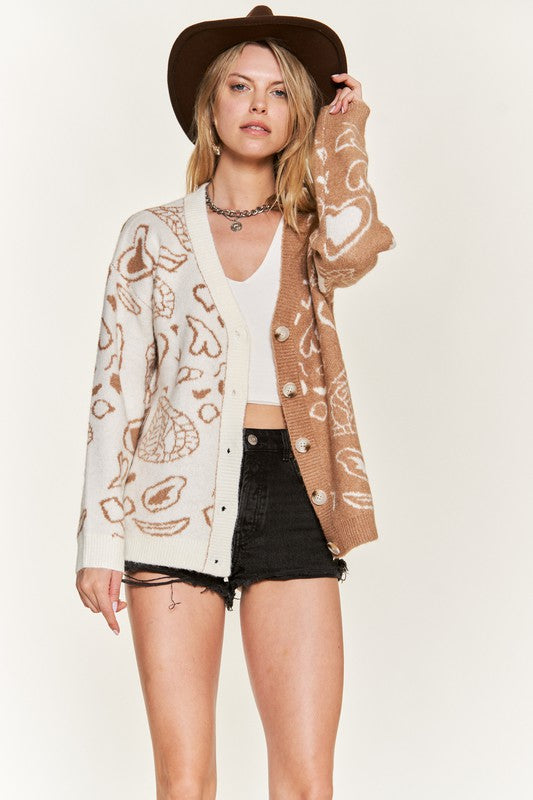 Women's Oversized Heart Paisley Color Block Cardigan